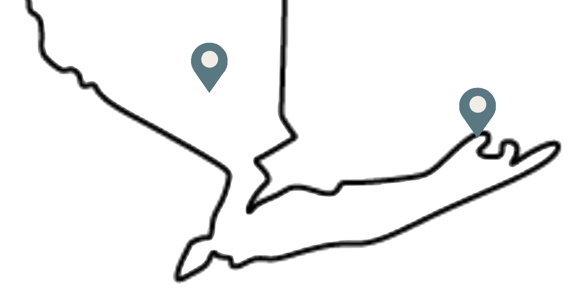 Map of southern New York with locations of Pot Lady Studios in Scarsdale and Mattituck